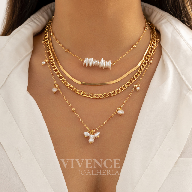 Mix de Colar Pérola Folheado a Ouro 18k